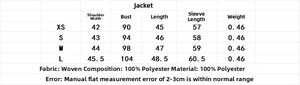 Size chart for women short leather jacket showing XS to L measurements and fabric details