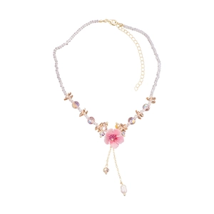 Elegant floral necklace with pink flower pendant and pearl tassels for women