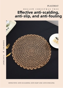 Close-up of woven round placemat showing anti-slip texture and scalloped hollow edges