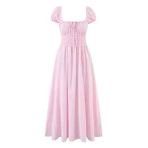 Women Stripe Dress Square Neck Puff Sleeve Smocked Waist French Cottagecore Vintage Midi Dress