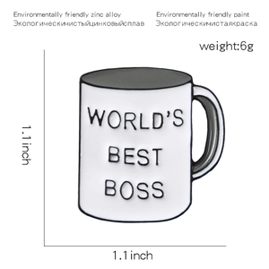 Detail of World's Best Boss white coffee cup enamel pin made of eco-friendly alloy