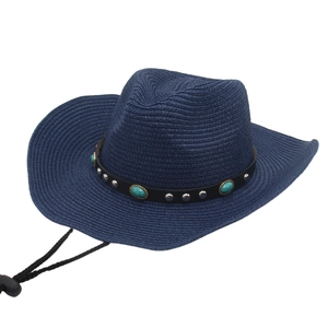 Western Cowboy Straw Hat With Turquoise Rivet Leather Band Adjustable Windproof Rope Summer Beach Sun Hat For Men Women