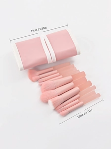 Pink 12-piece makeup brush set with storage pouch showing size measurements in cm and inches