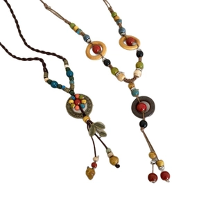 Ethnic style colorful ceramic beaded necklace with leaf pendant and wooden rings