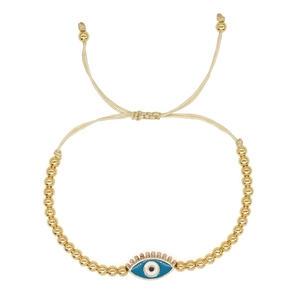 Handmade 4mm gold beaded bracelet with blue evil eye charm and adjustable cord