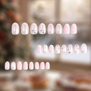 French press-on nails set with glitter, silver snowflakes, and pearls for Christmas