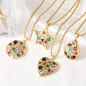 Gold plated pendant necklaces with colorful stones in heart and star shapes
