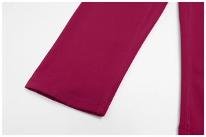 Detail of professional four-needle six-thread stitching on red yoga sleeve cuff
