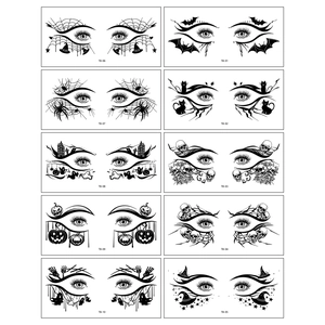 Halloween temporary eye tattoo set featuring spider webs, bats, and skulls in black ink