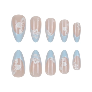 French blue and nude almond press-on nails with elegant white floral painted design