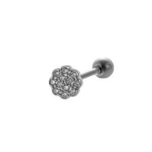 Detail of silver flower piercing stud with clear crystals and spherical screw back
