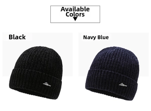 Detail view of black and navy blue knit beanies featuring white Lettuec embroidery