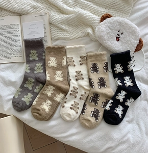 Cozy coral fleece mid-tube socks set with cute bear patterns in five warm neutral colors
