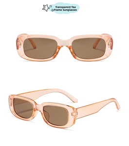 Detail showing square children's sunglasses with tea-colored frames and lenses