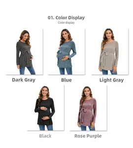 Detailed color display of maternity tunics in five shades with adjustable waist belts