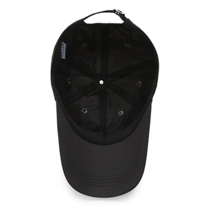 Internal view of black breathable quick-dry baseball cap with adjustable metal buckle