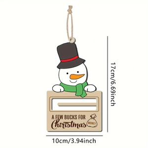 Detailed view of wood snowman money holder ornament with dimensions and hanging twine