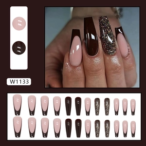 Deep burgundy long ballet press-on nails with french tips and glitter accents