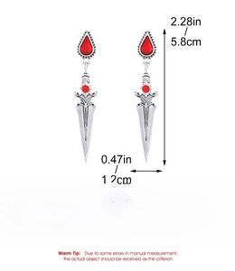 Gothic silver sword earrings with red gemstone showing 5.8cm x 1.2cm size dimensions