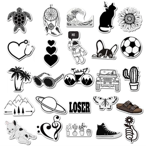 Detailed view of black and white aesthetic stickers featuring diverse cute doodles and patterns