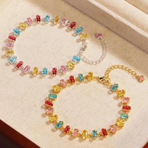 Colorful Zirconia Bracelet Gold Plated Copper Rainbow Crystal Rectangle Round Cut Adjustable Jewelry Women