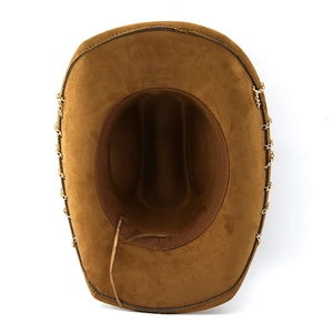 Detail view of brown faux suede cowboy hat with gold chain and interior size adjuster