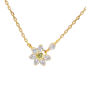 Floral S925 silver necklace with 14K gold plating and green olivine cubic zirconia