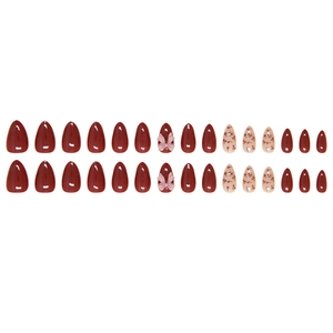 30pcs long almond press-on nails with dark red solid color and pink bow accents