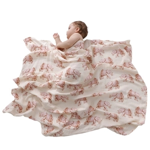 Soft bamboo cotton muslin baby swaddle blanket with elephant print for newborns