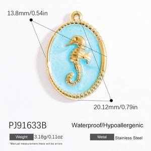 Detailed view of seahorse pendant showing 20.12mm size and blue enamel finish