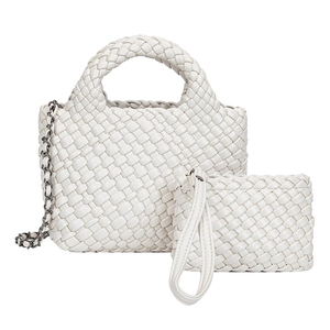 White hand-woven bucket bag and pouch set with metal chain strap on plain background