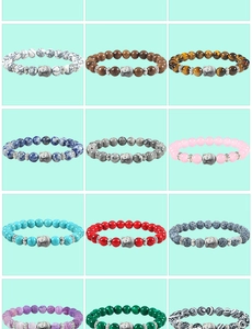 Macro view of 8mm natural stone bracelets with Buddha head alloy beads in various colors