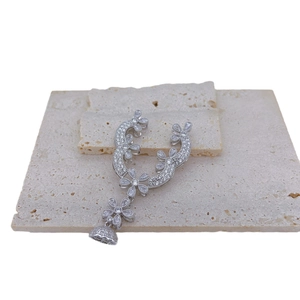 Three-layer silver floral pearl necklace pendant connector set with cubic zirconia