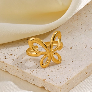 Polished 18K gold plated stainless steel butterfly open ring for women in luxury setting