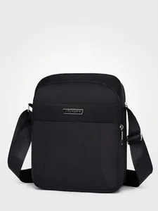 Waterproof black nylon men's crossbody shoulder bag with silver metal logo plate