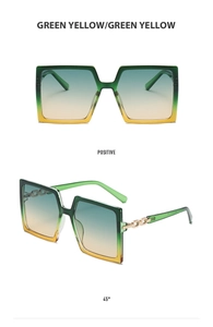 Detail of green and yellow gradient square sunglasses with gold chain temples decoration