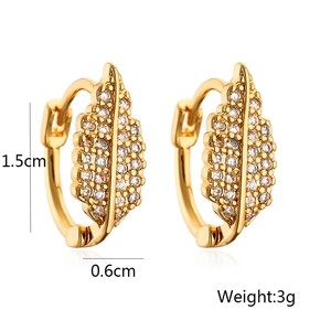 Detailed view of gold plated leaf earrings with white zircon including size and weight specs