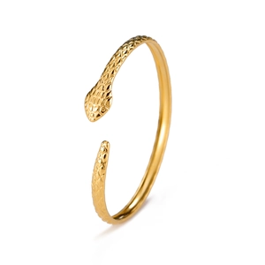 Polished gold adjustable open snake bracelet with textured scales in punk style