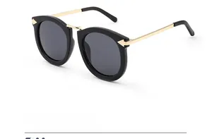 Detail of vintage cat-eye sunglasses with golden metal hinges and black circular frame