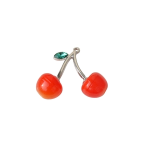 Realistic red cherry pendant with silver metal stem and green rhinestone leaf detail