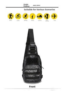 Detailed view of grey camo tactical chest bag with MOLLE system and multiple compartments