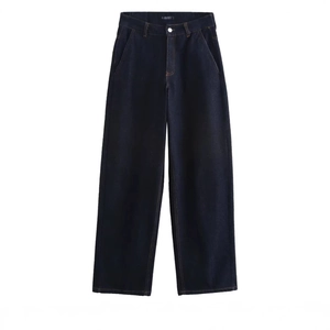 Women's casual dark blue high-waisted wide-leg denim pants with classic side pockets