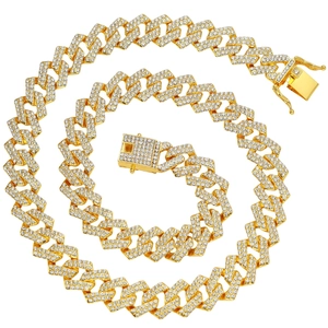 15mm gold-plated hip hop Cuban link necklace with iced-out rhombic rhinestones