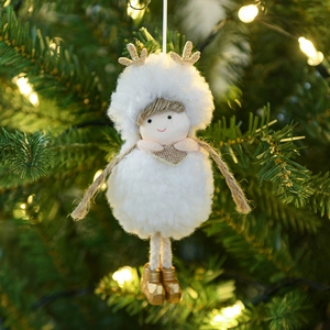 Plush Christmas reindeer doll decoration in white and pink with golden antlers and shoes