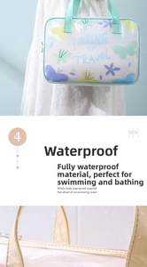 Macro detail showing waterproof PVC fabric with butterfly print and spring in travel text