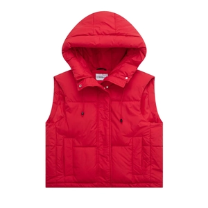 Women's bright red hooded quilted puffer vest with drawstring and snap buttons