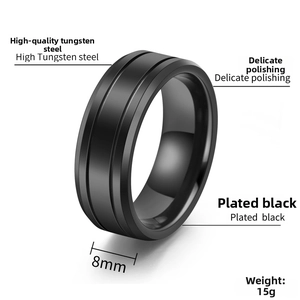 Polished 8mm black tungsten steel ring for men with 15g weight and parallel grooves