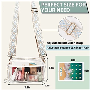 Clear PVC crossbody bag with ethnic style strap and adjustable hardware for travel