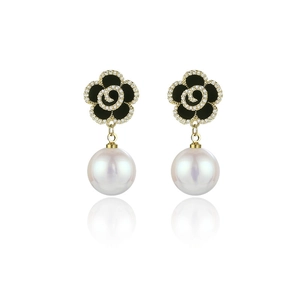 Elegant gold drop earrings featuring black camellia petals with pearls and zircons