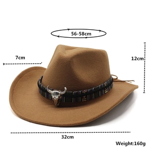 Brown wool felt cowboy hat with ethnic woven band and silver bull head detail